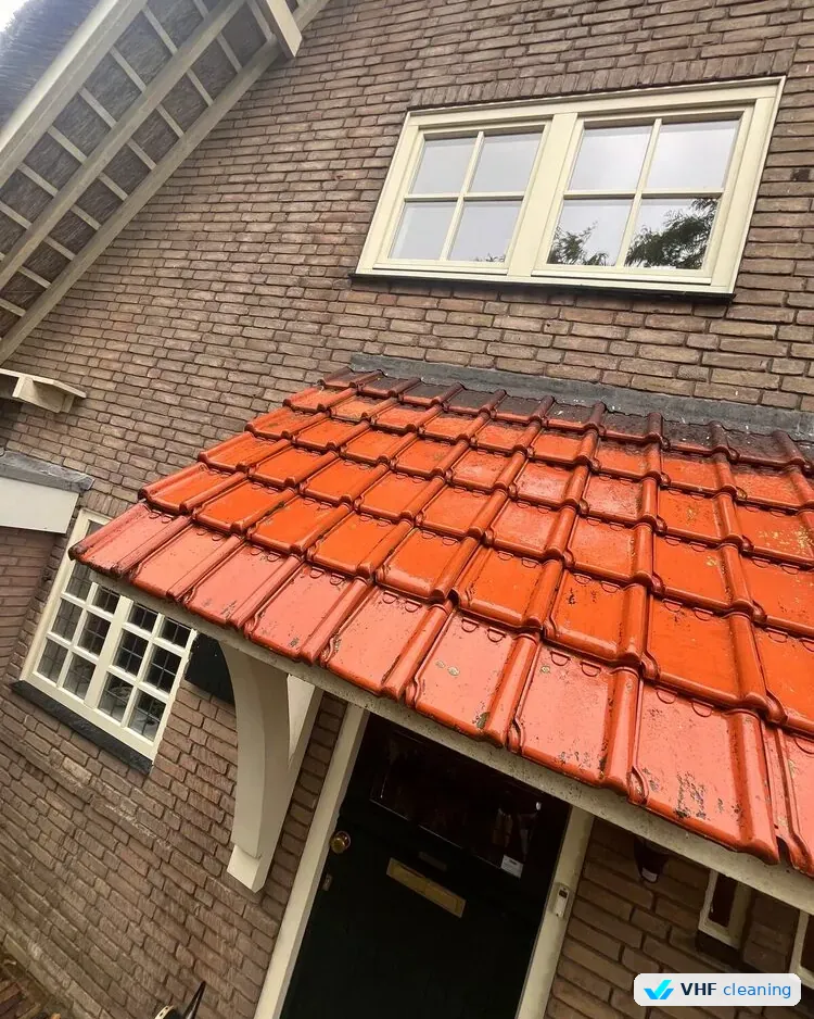 Mosvrij gereinigde dakpannen op een afdak